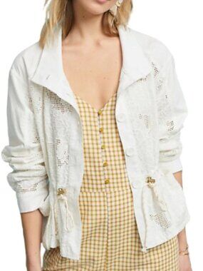 Anthropologie White Cotton Anorak Jacket Floral Eyelet Drawstring XS